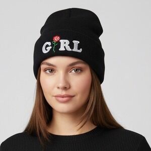 Embroided Black Beanie Bobbie Style Hat for Women Casual